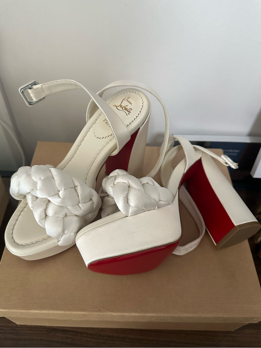 Louboutin White / Ivory Braided Platform Block Heel Size 36 box and dust bags - Picture 2 of 6
